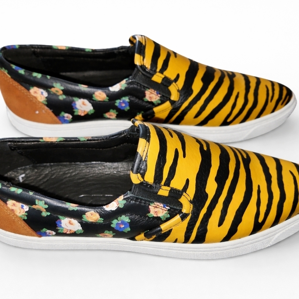 Coach Tiger Stripe Floral Slip-On Leather And Suede Sneakers.